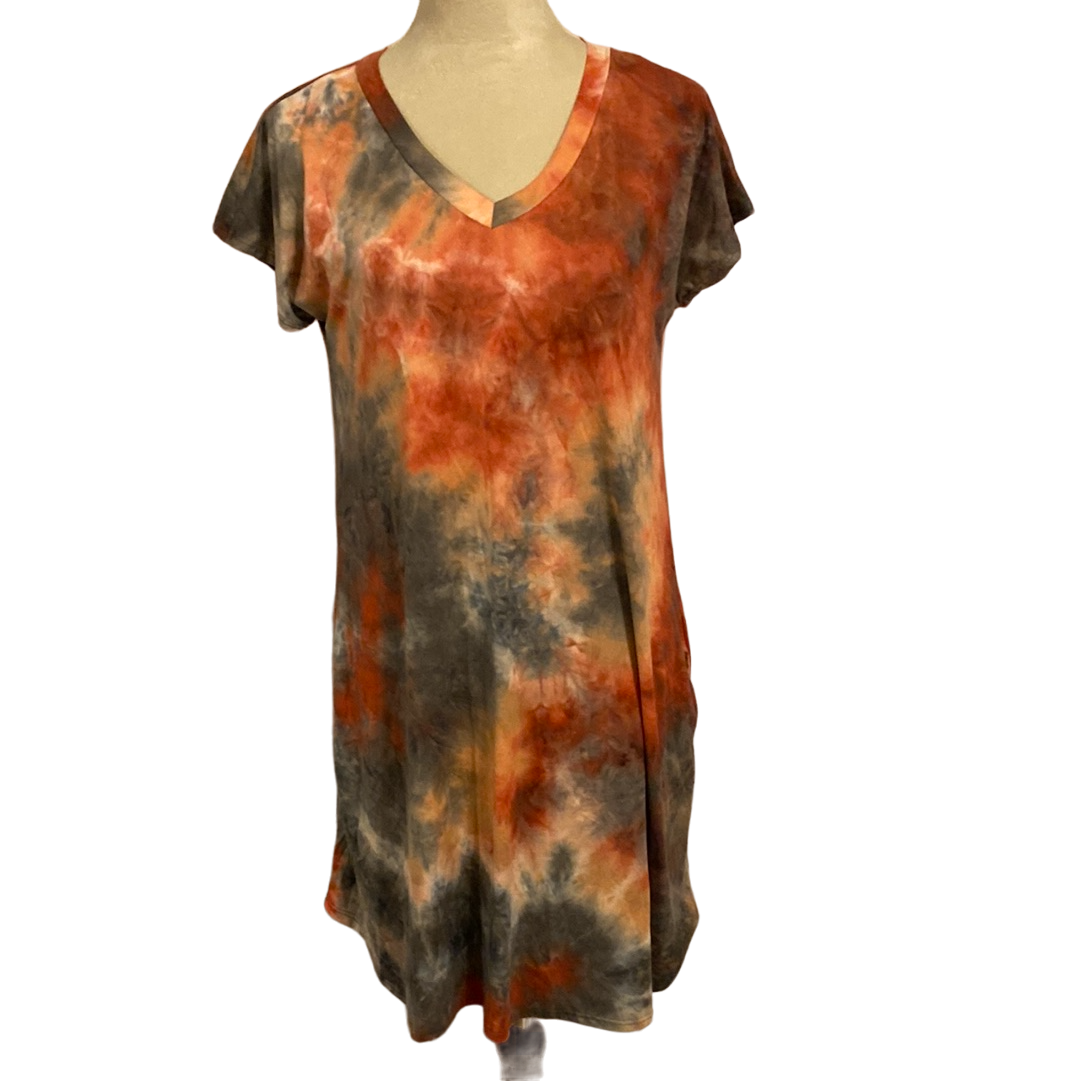 SHORT SLEEVE V NECK TIE DYE PRINT DRESS WITH SIDE POCKET