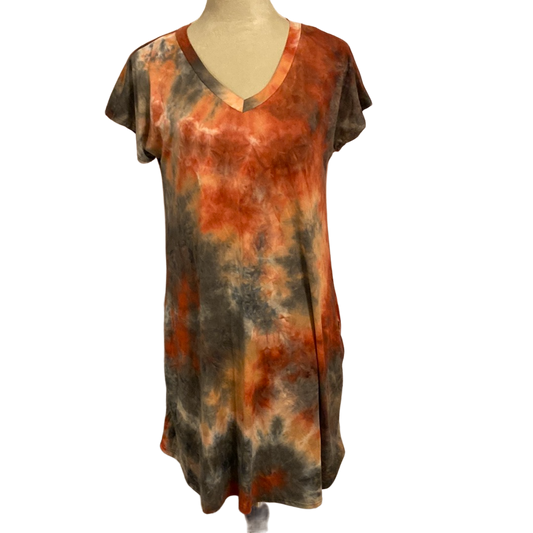 SHORT SLEEVE V NECK TIE DYE PRINT DRESS WITH SIDE POCKET