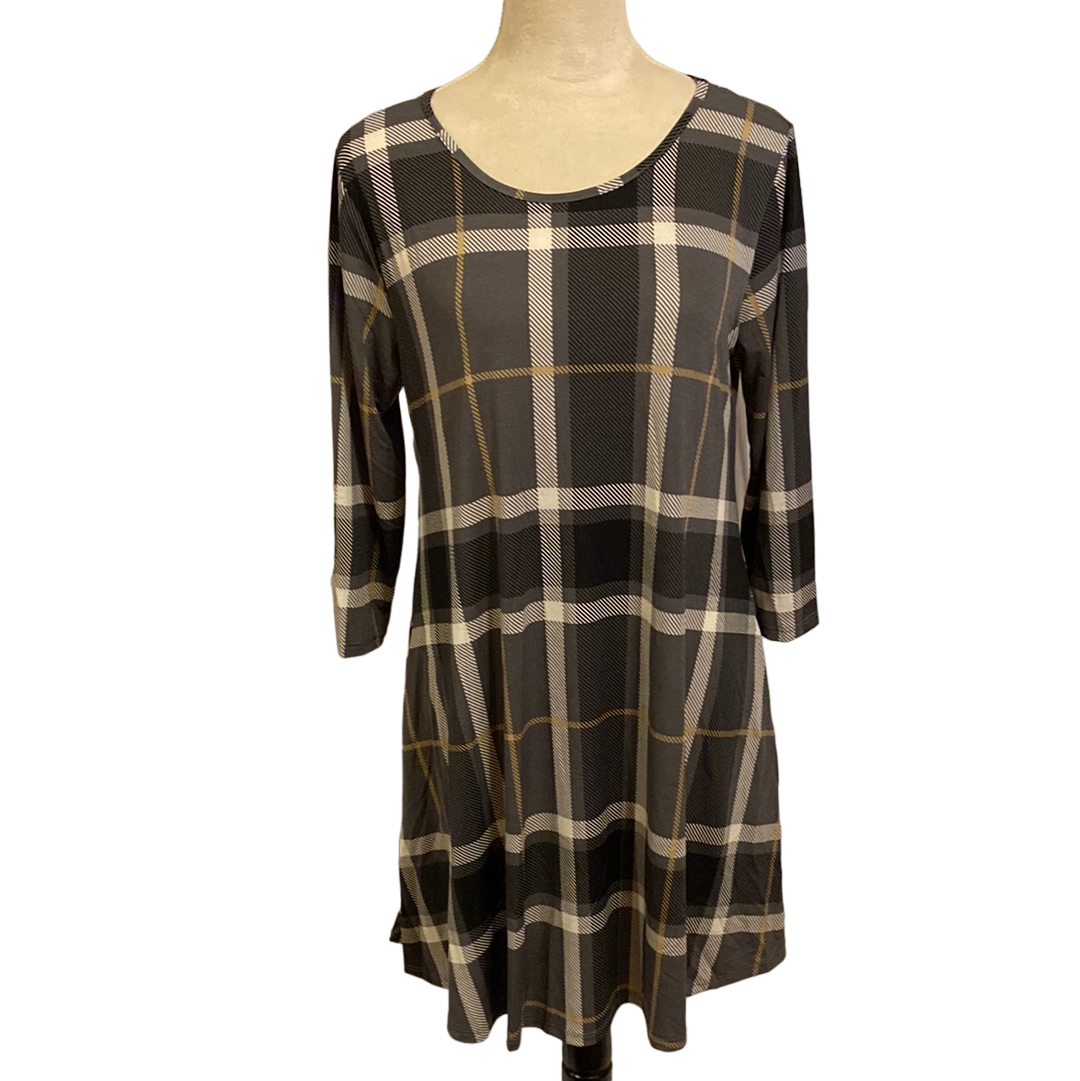 3/4 SLEEVE ROUND NECK PLAID PRINT DRESS