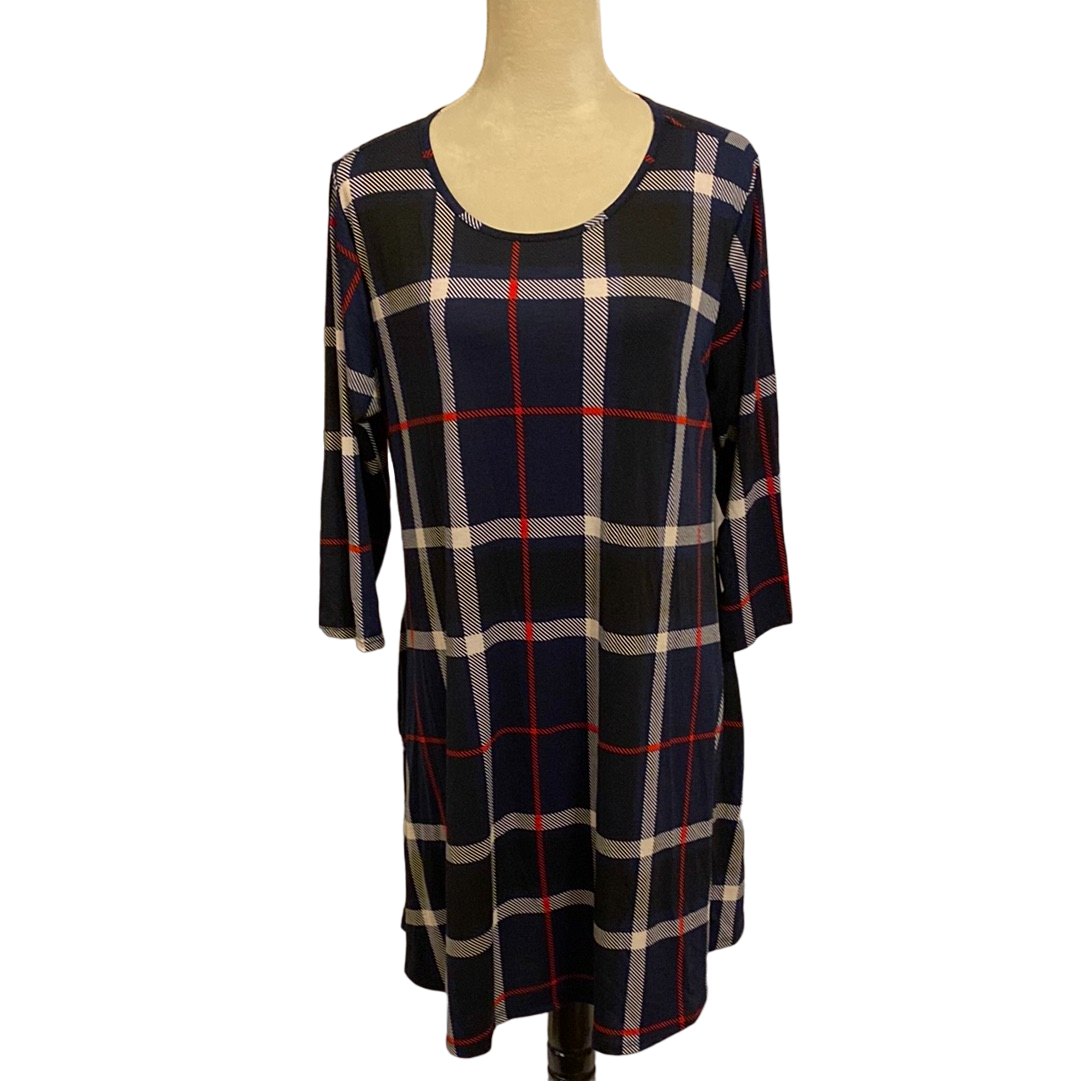 3/4 SLEEVE ROUND NECK PLAID PRINT DRESS