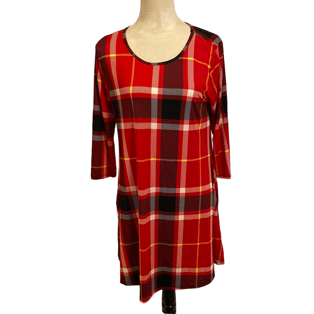 3/4 SLEEVE ROUND NECK PLAID PRINT DRESS