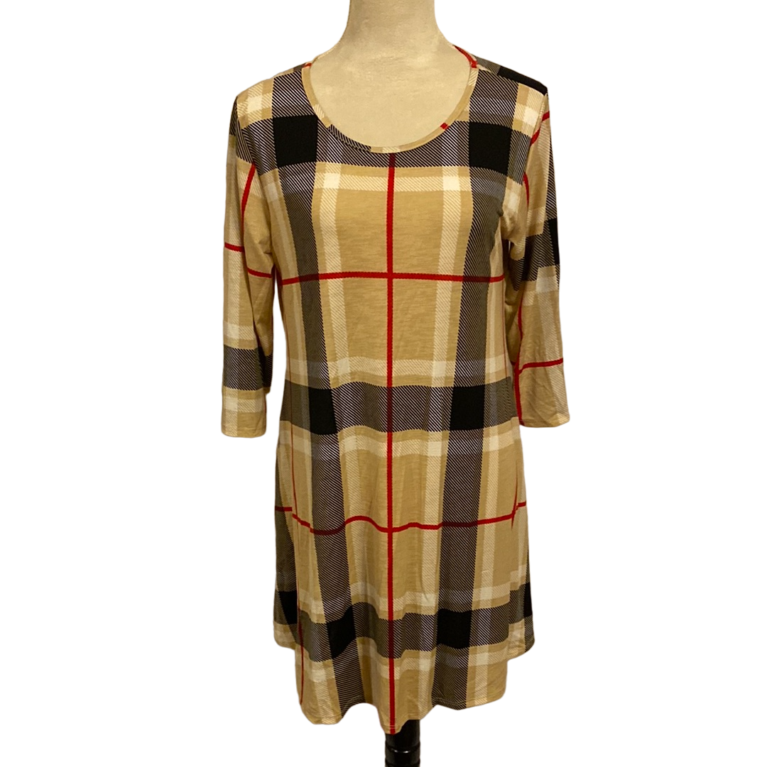 3/4 SLEEVE ROUND NECK PLAID PRINT DRESS