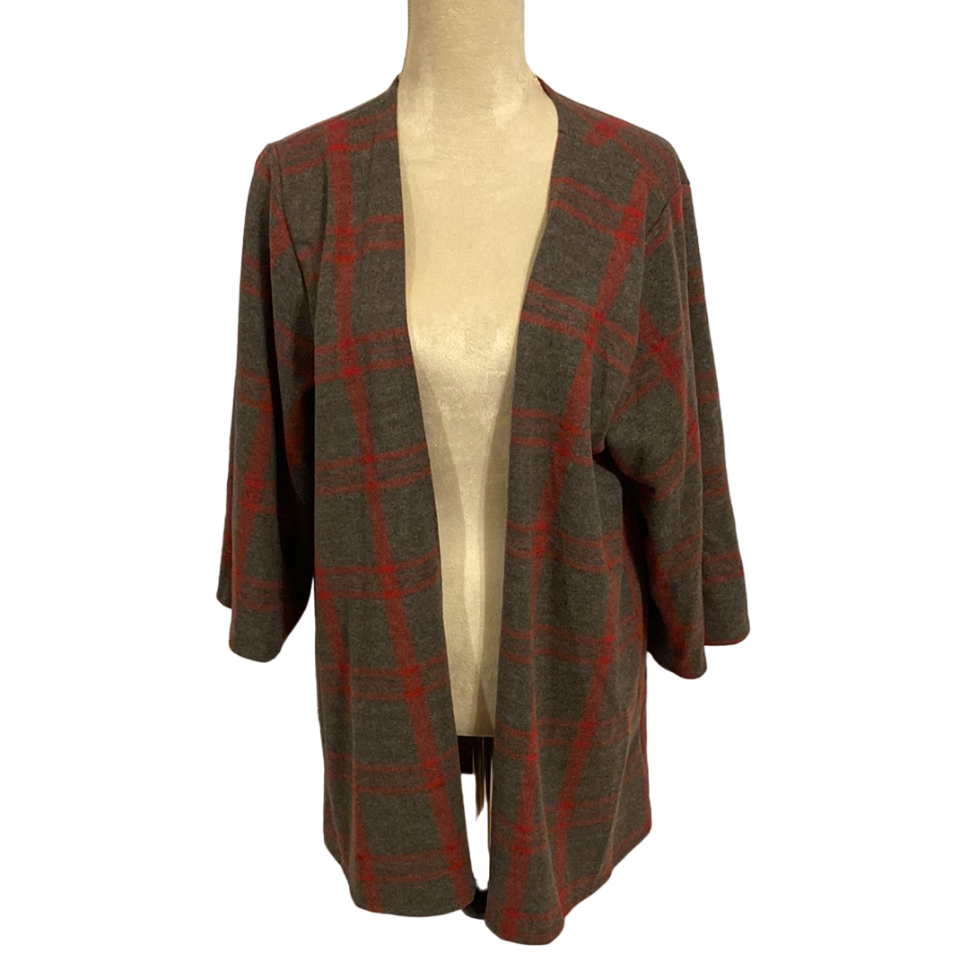 THREE QUARTER SLEEVE PLAID PRINT KIMONO CARDIGAN