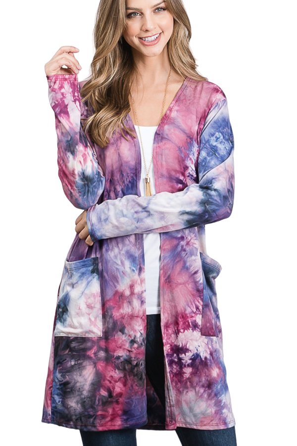 LONG SLEEVE TIE DYE PRINT OPEN CARDIGAN WITH SIDE POCKETS