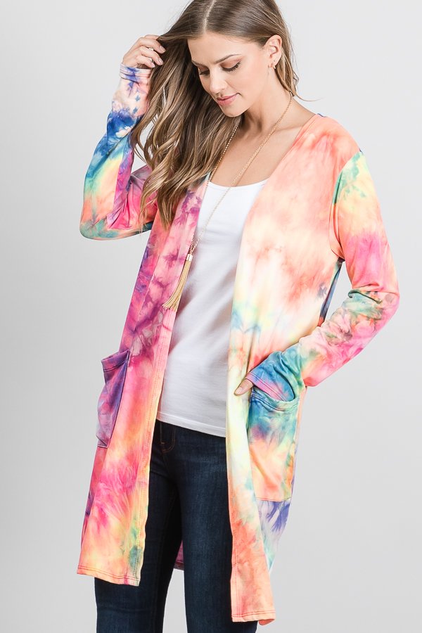 LONG SLEEVE TIE DYE PRINT OPEN CARDIGAN WITH SIDE POCKETS