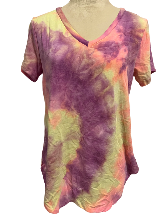 SHORT SLEEVE V NECK TIE DYE TOP