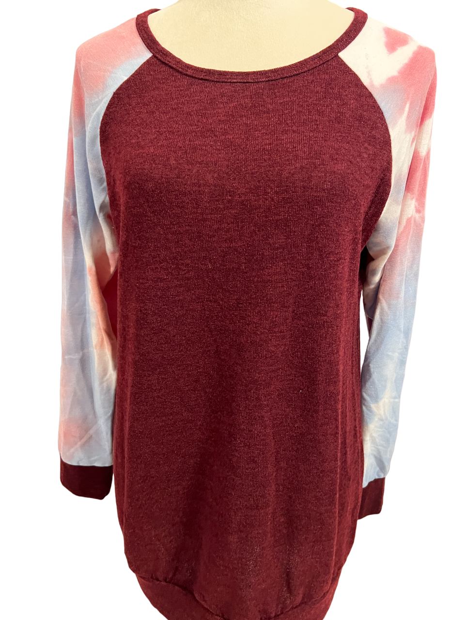 LONG SLEEVE SOLID AND TIE DYE PRINT CONTRAST TOP