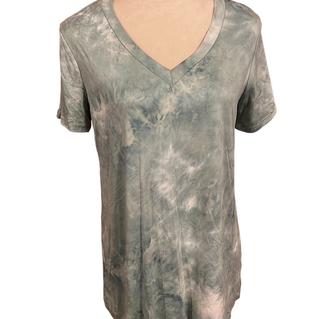 SAGE GREEN TIE DYE SHORT SLEEVE V NECK MULTI COLOR TIE DYE PRINT TOP