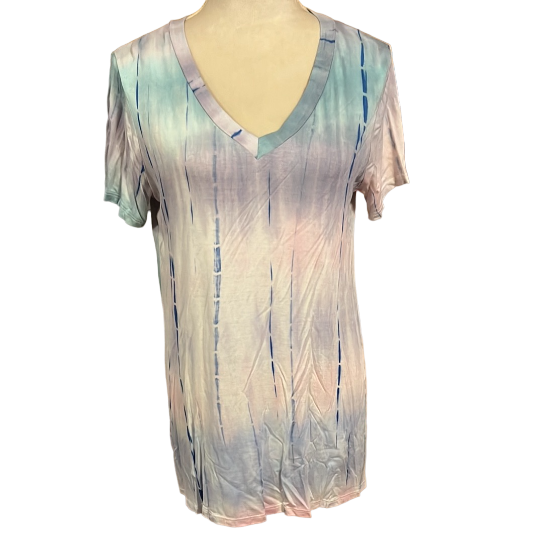 SHORT SLEEVE V NECK TIE DYE PRINT TOP