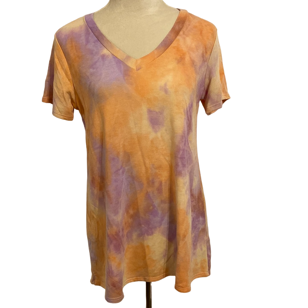 SHORT SLEEVE V NECK MULTI COLOR TIE DYE PRINT TOP