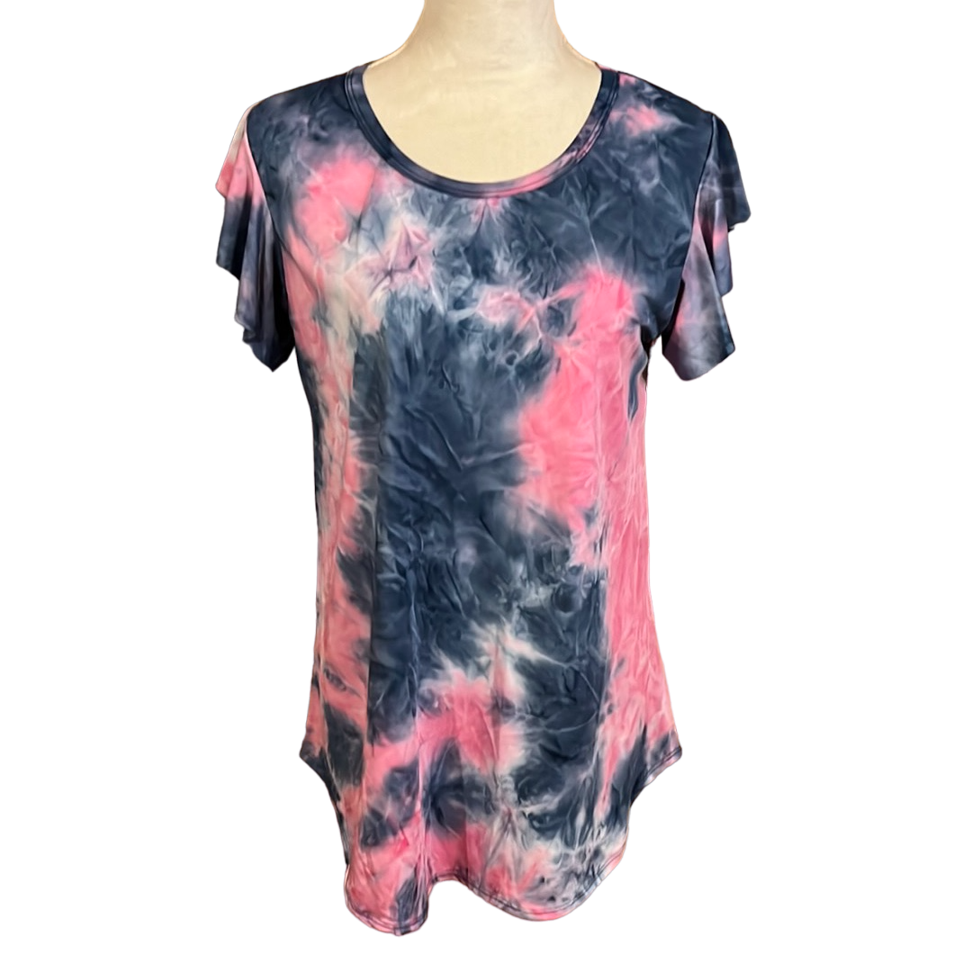 RUFFLED SHORT SLEEVE ROUND NECK ROUND HEM TIE DYE PRINT TOP