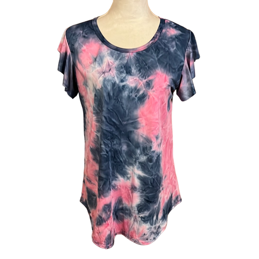 RUFFLED SHORT SLEEVE ROUND NECK ROUND HEM TIE DYE PRINT TOP