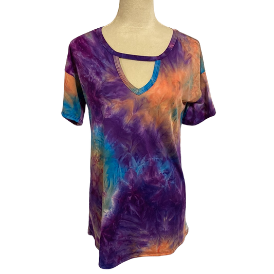 SHORT SLEEVE KEYHOLE NECK TIE DYE PRINT TOP