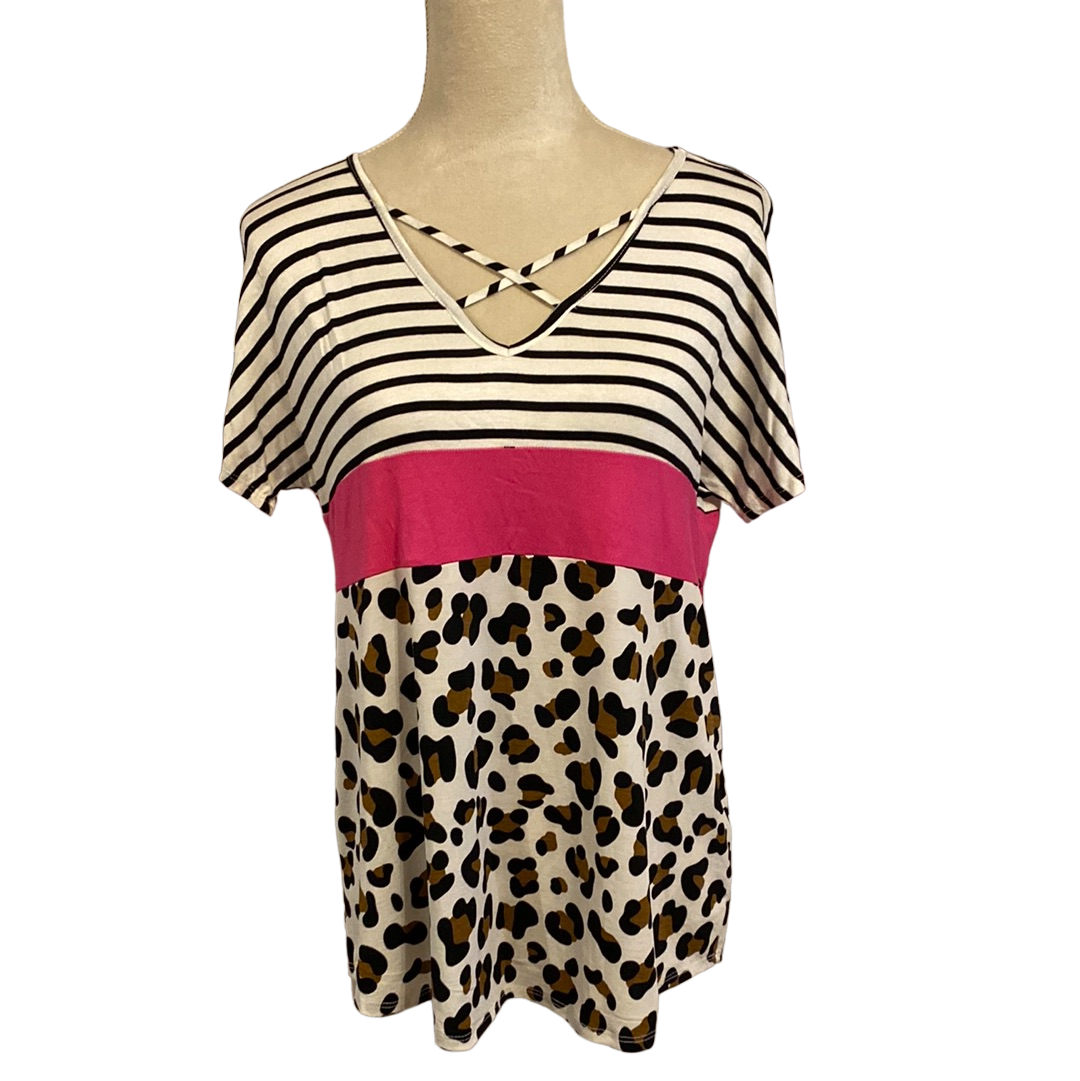 SHORT SLEEVE STRIPE AND LEOPARD PRINT CONTRAST TOP