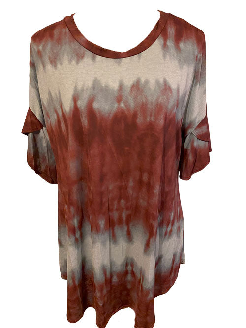 SHORT SLEEVE ROUND NECK BUJRGUNDY/GREY TIE DYE BABYDOLL TOP