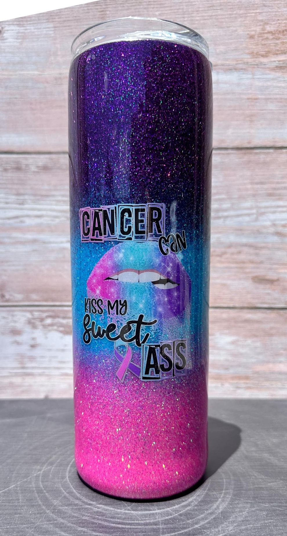 Custom Painted Kiss My Sweet Stainless Skinny Tumbler w/Sliding Lid and Straw- 30 Oz