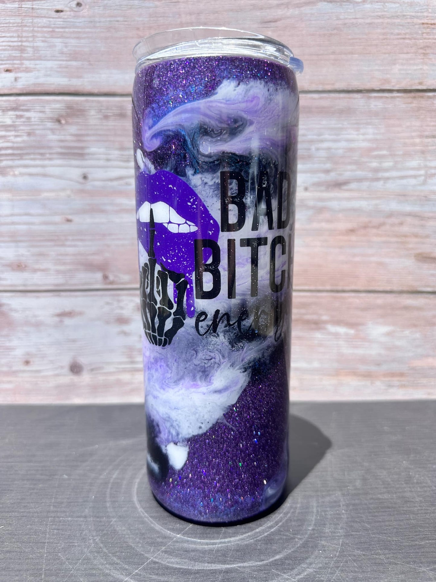 Custom Painted Bad Energy Stainless Skinny Tumbler w/Sliding Lid and Straw- 20 Oz