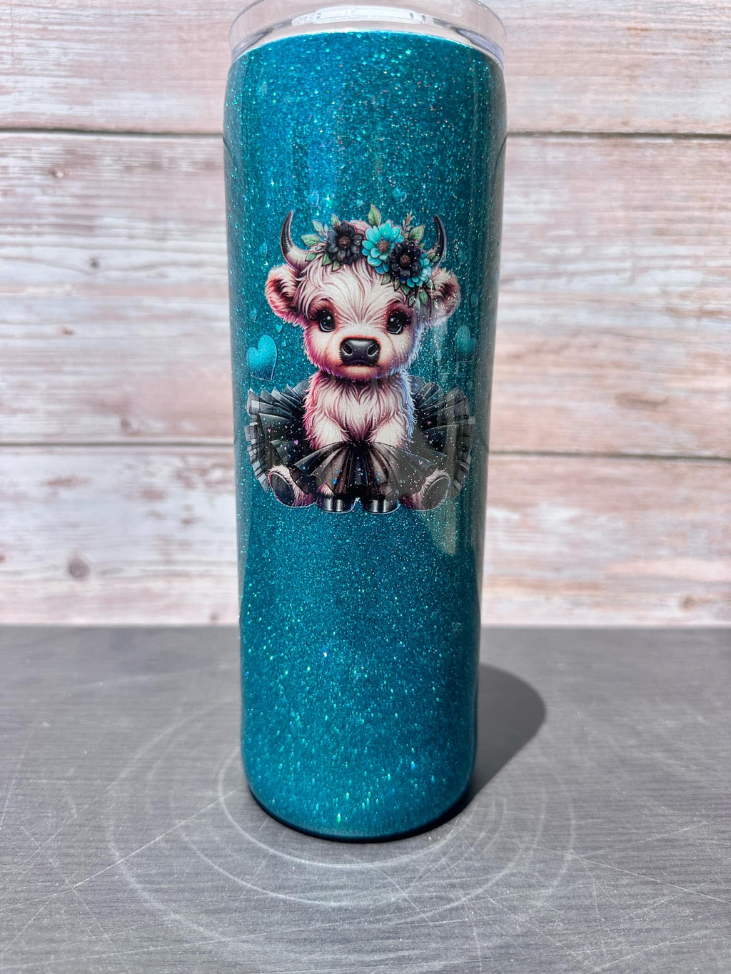 Custom Painted Teal Glitter Cow Stainless Skinny Tumbler w/Sliding Lid and Straw- 20 Oz