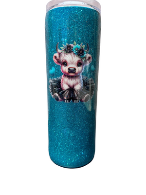 Custom Painted Teal Glitter Cow Stainless Skinny Tumbler w/Sliding Lid and Straw- 20 Oz