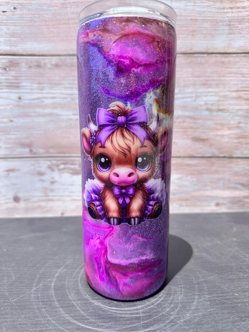Custom Painted Purple Bow Cow Stainless Skinny Tumbler w/Sliding Lid and Straw- 20 Oz.