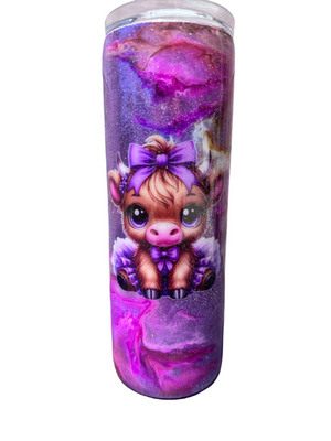 Custom Painted Purple Bow Cow Stainless Skinny Tumbler w/Sliding Lid and Straw- 20 Oz.
