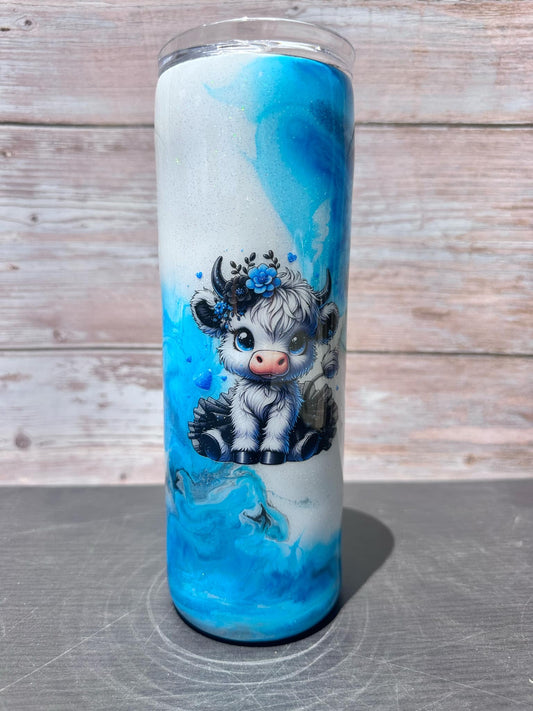 Custom Painted Blue Swirl Cow Stainless Skinny Tumbler w/Sliding Lid and Straw- 20 Oz