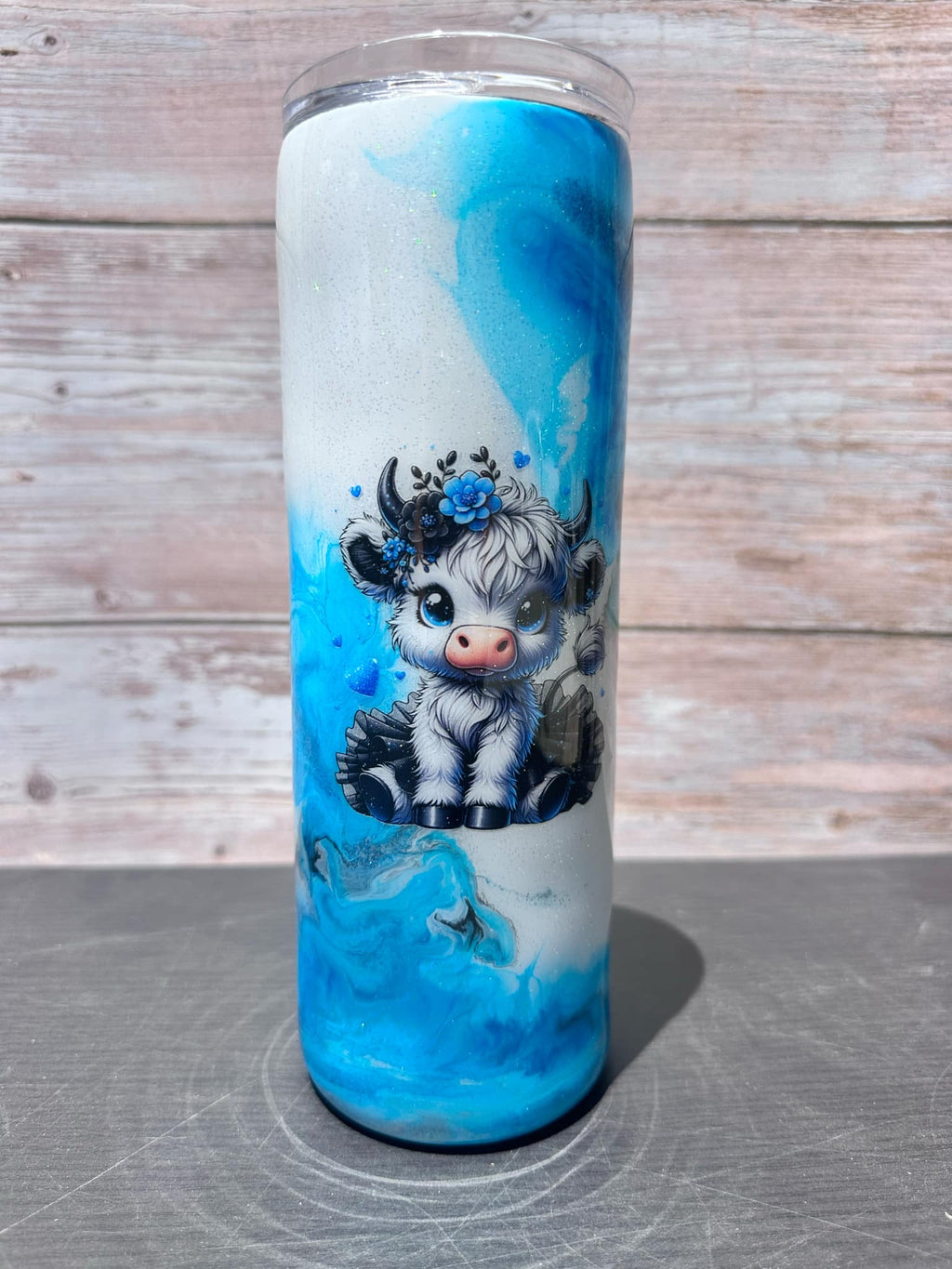 Custom Painted Blue Swirl Cow Stainless Skinny Tumbler w/Sliding Lid and Straw- 20 Oz