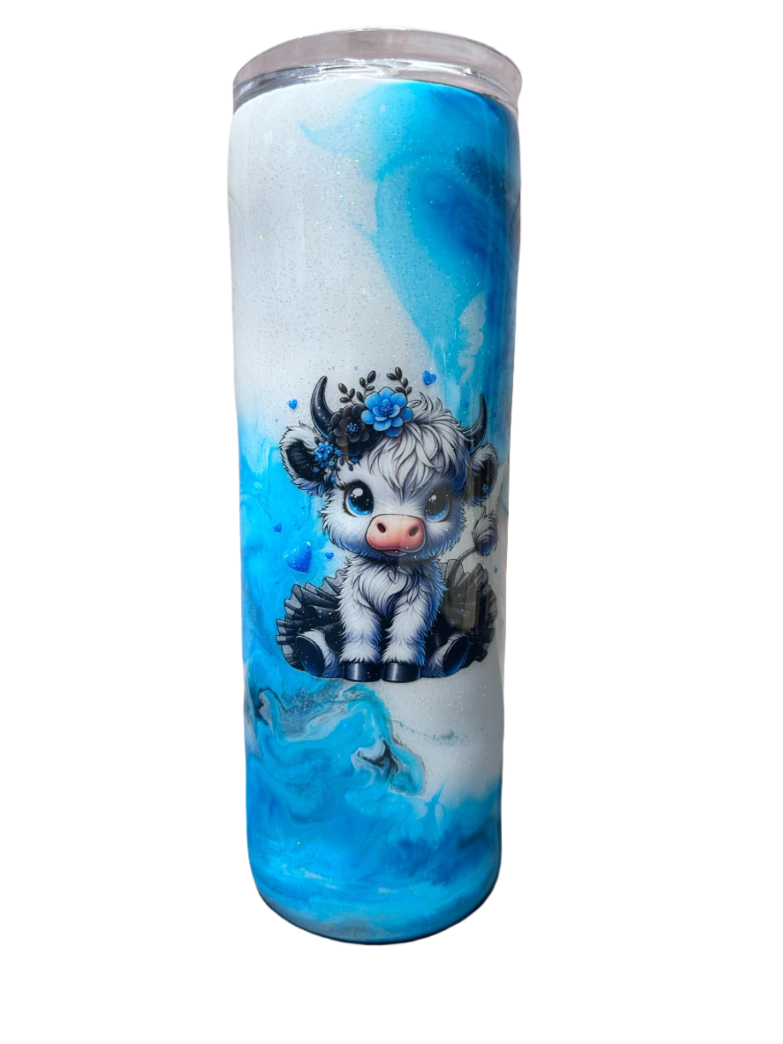 Custom Painted Blue Swirl Cow Stainless Skinny Tumbler w/Sliding Lid and Straw- 20 Oz