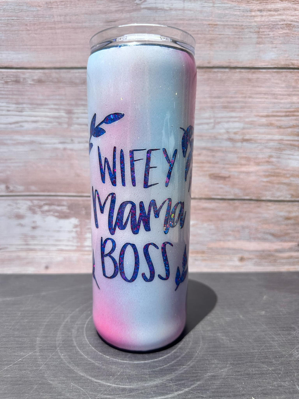 Custom Painted Wifey Boss Stainless Skinny Tumbler w/Sliding Lid and Straw- 20 Oz