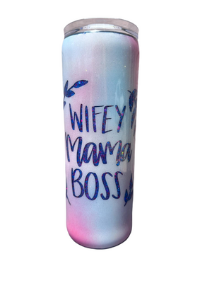 Custom Painted Wifey Boss Stainless Skinny Tumbler w/Sliding Lid and Straw- 20 Oz