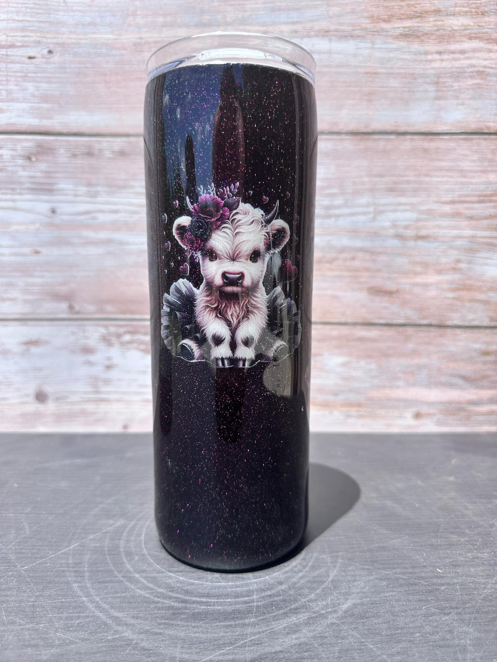 Custom Painted Dark Purple Cow Stainless Skinny Tumbler w/Sliding Lid and Straw- 20 Oz.