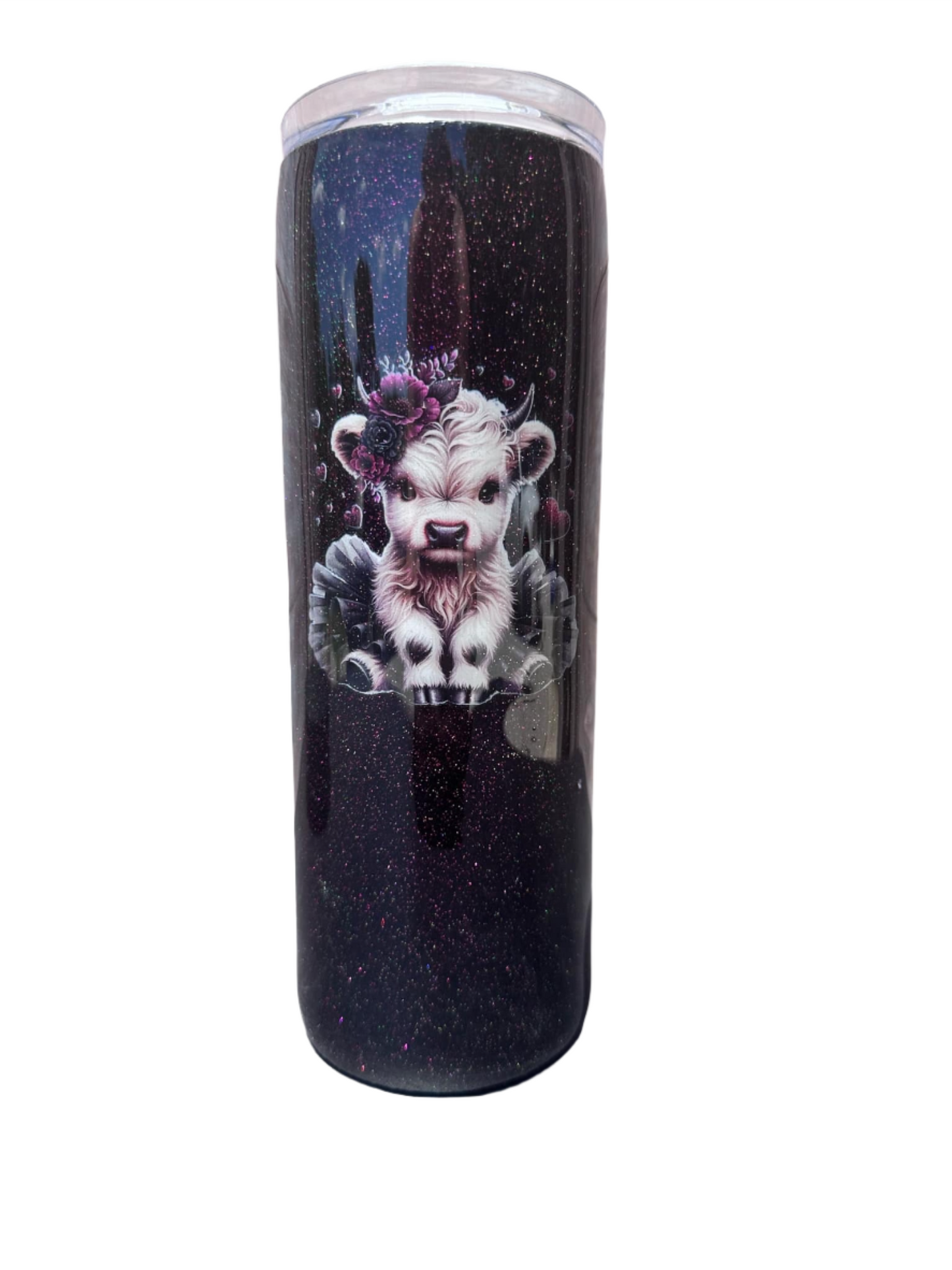 Custom Painted Dark Purple Cow Stainless Skinny Tumbler w/Sliding Lid and Straw- 20 Oz.