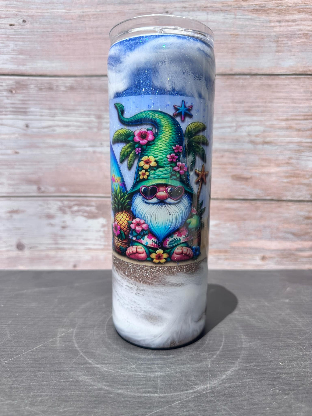 Custom Painted Beach Gnomes Stainless Skinny Tumbler w/Sliding Lid and Straw- 20 Oz.