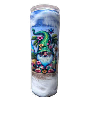 Custom Painted Beach Gnomes Stainless Skinny Tumbler w/Sliding Lid and Straw- 20 Oz.
