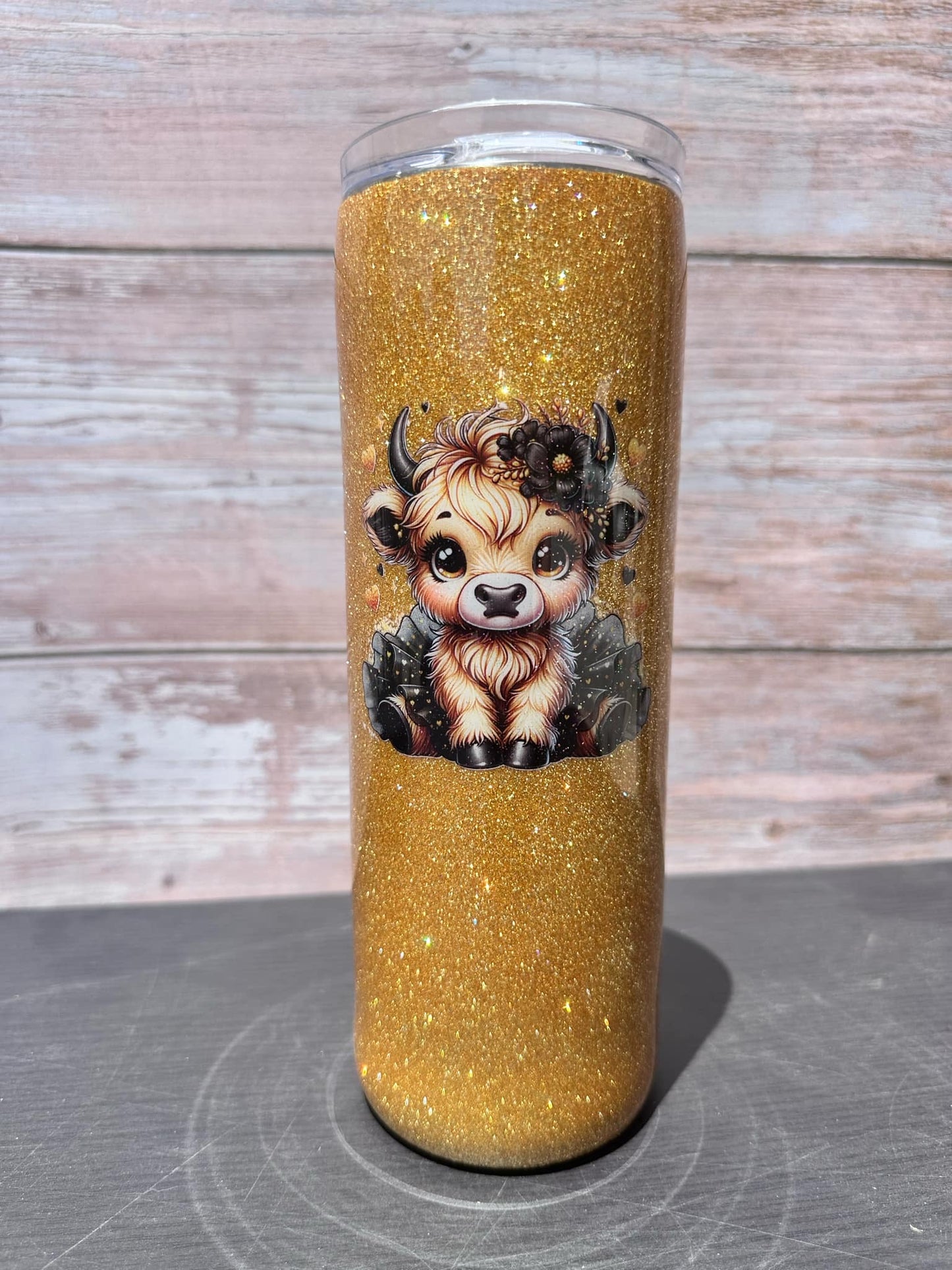 Custom Painted Golden Cow Stainless Skinny Tumbler w/Sliding Lid and Straw- 20 Oz.