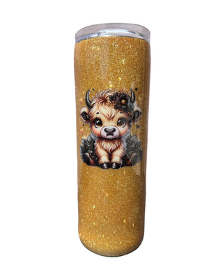 Custom Painted Golden Cow Stainless Skinny Tumbler w/Sliding Lid and Straw- 20 Oz.