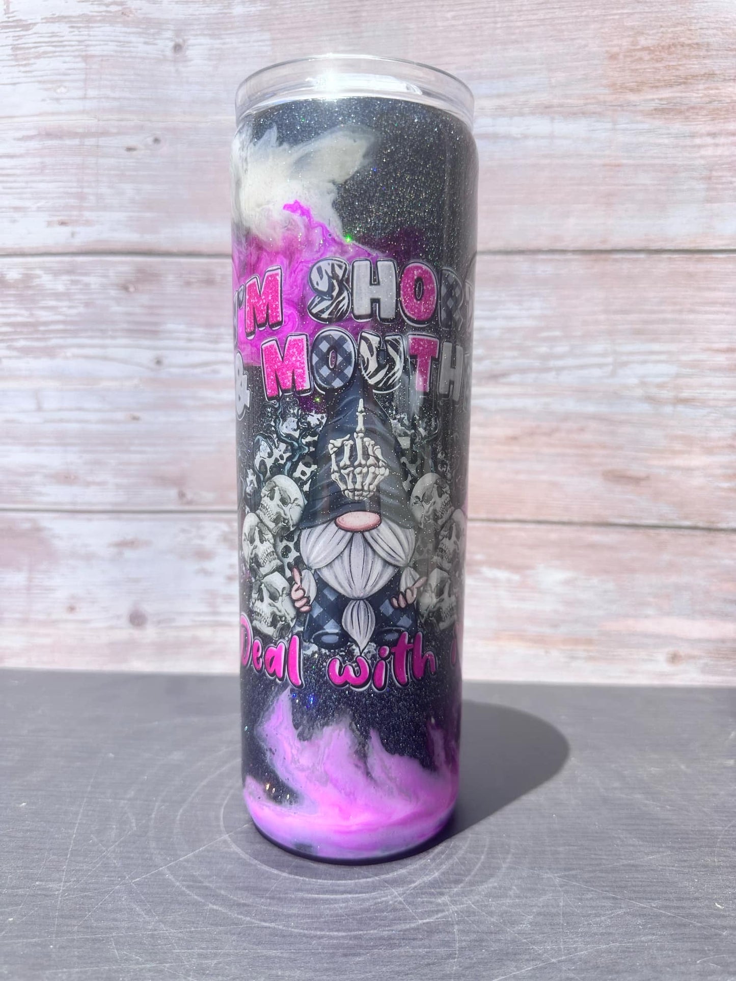 Custom Painted Mouthy Gnome Stainless Skinny Tumbler w/Sliding Lid and Straw- 30 Oz