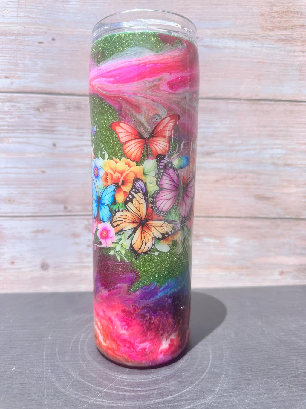 Custom Painted Garden Butterflies Stainless Skinny Tumbler w/Sliding Lid and Straw- 30 Oz