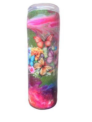 Custom Painted Garden Butterflies Stainless Skinny Tumbler w/Sliding Lid and Straw- 30 Oz