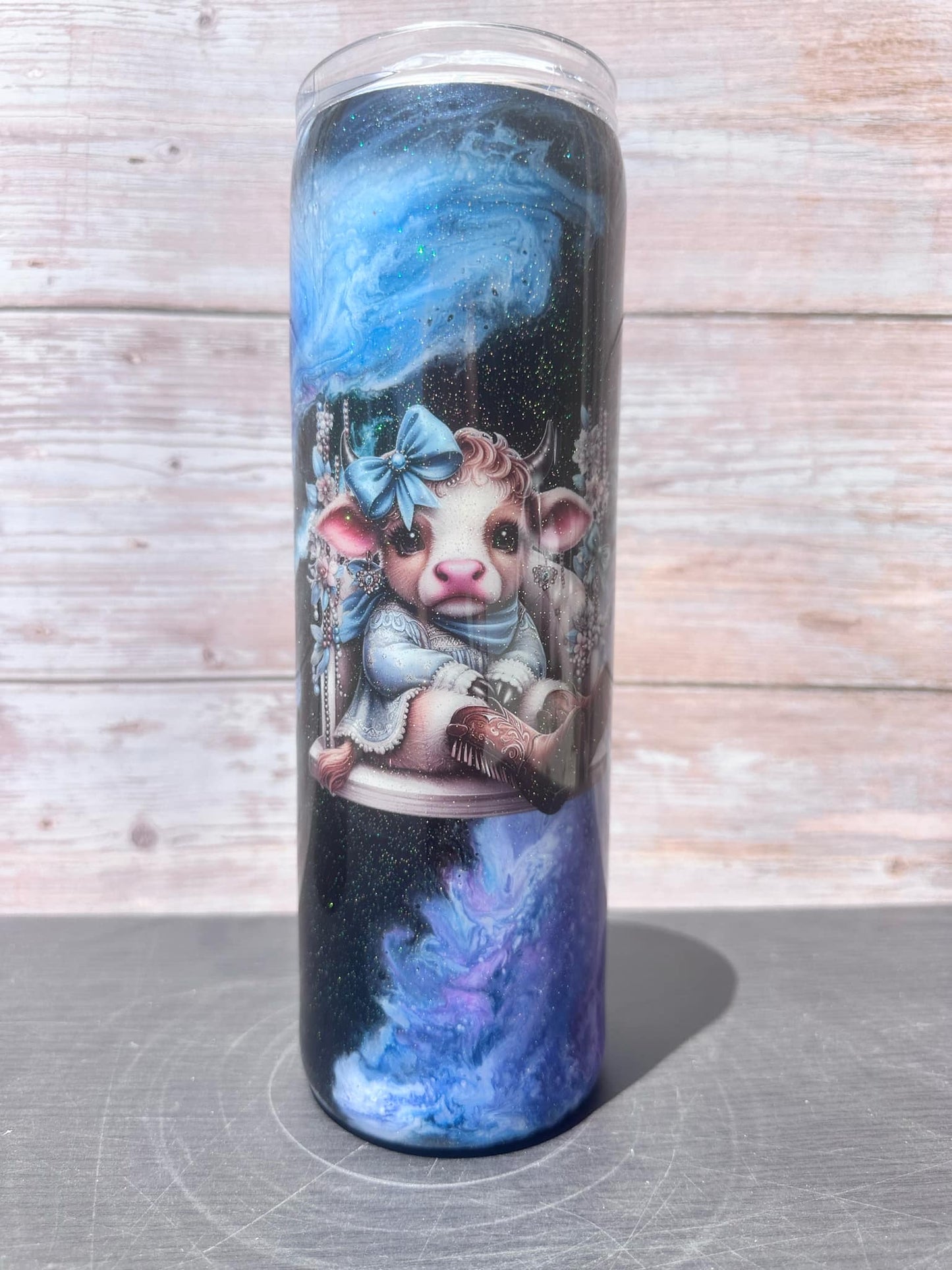 Custom Painted Swing Cow Stainless Skinny Tumbler w/Sliding Lid and Straw- 30 Oz