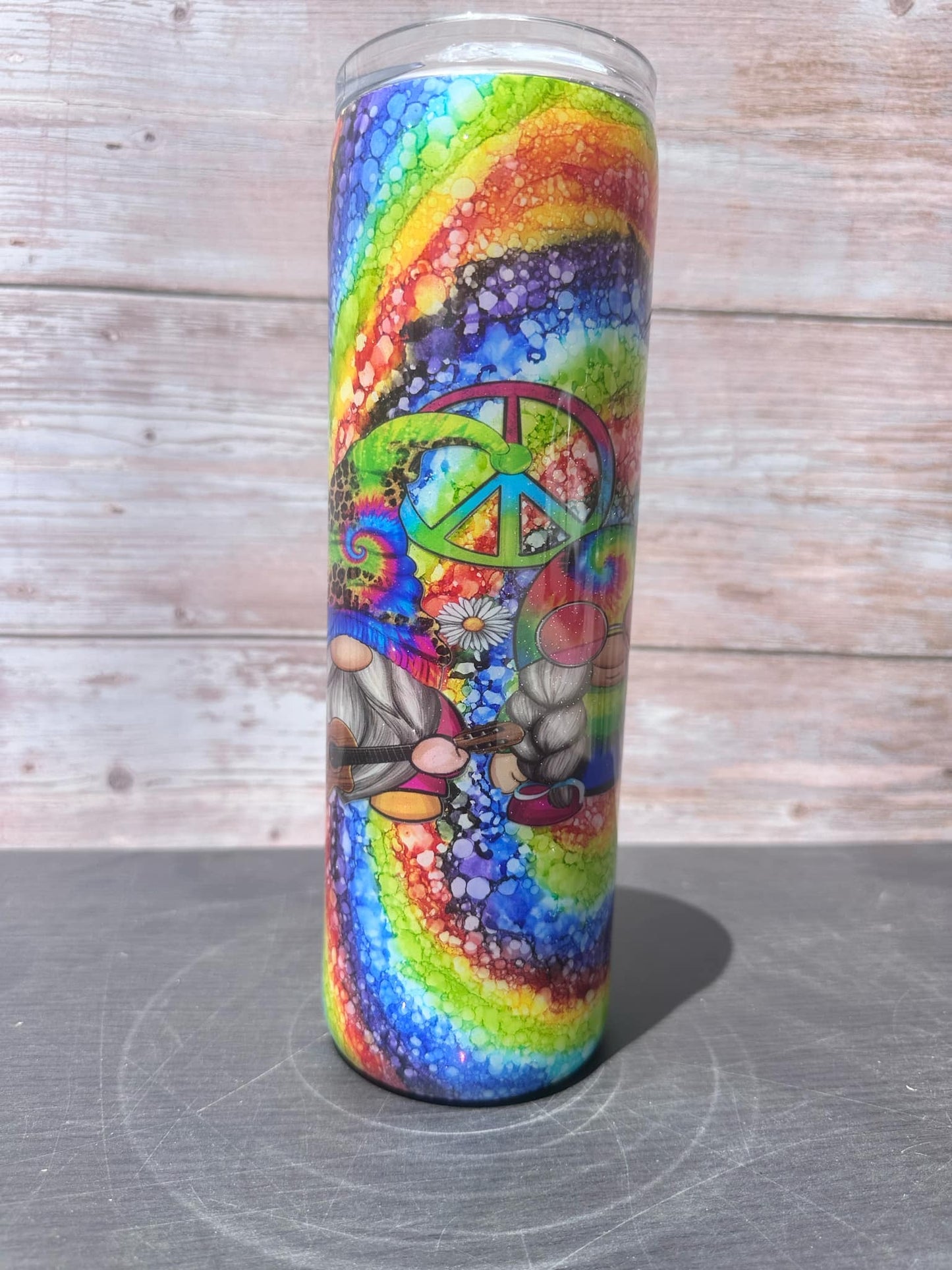 Custom Painted Tye Dye Gnomes Stainless Skinny Tumbler w/Sliding Lid and Straw- 30 Oz