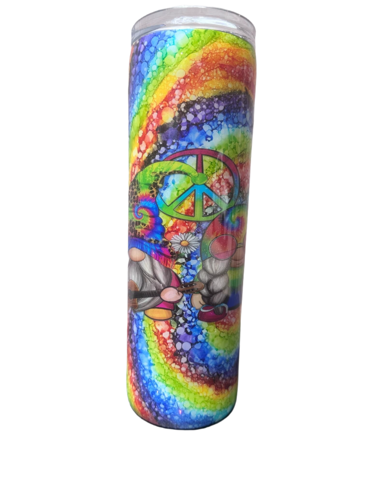 Custom Painted Tye Dye Gnomes Stainless Skinny Tumbler w/Sliding Lid and Straw- 30 Oz