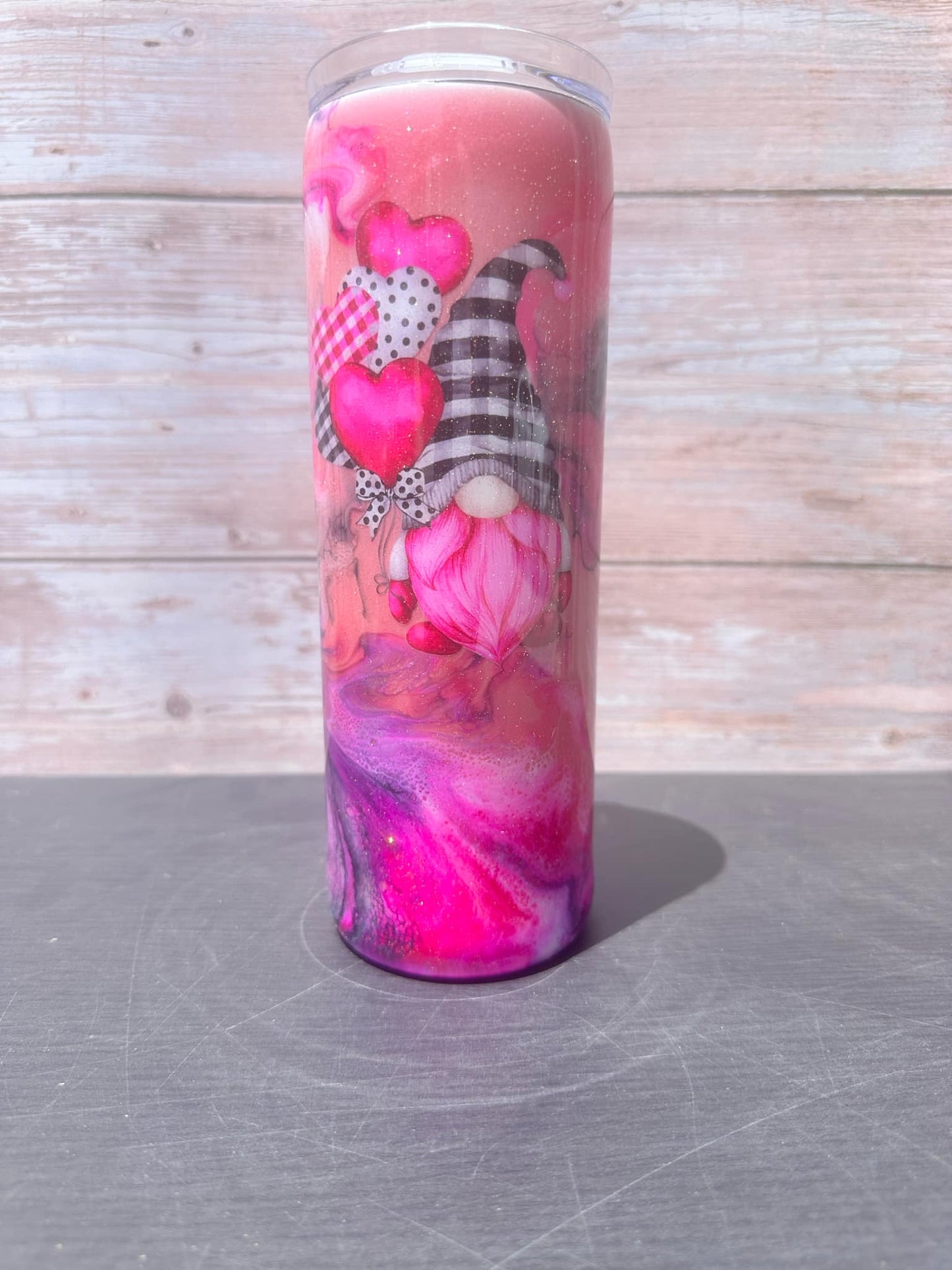 Custom Painted Pink Beard Gnome Stainless Skinny Tumbler w/Sliding Lid and Straw- 20 Oz