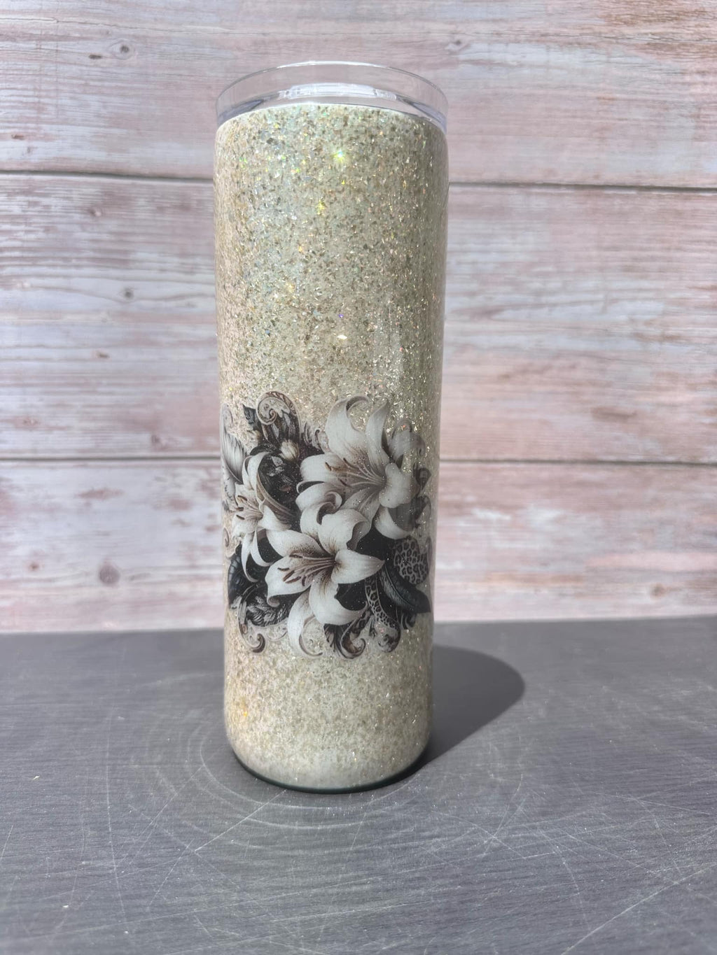 Custom Painted Tan Tiger Lily Stainless Skinny Tumbler w/Sliding Lid and Straw- 20 Oz