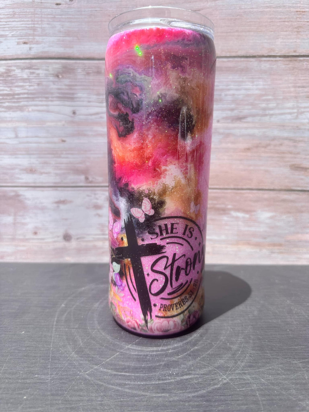 Custom Painted She Is Strong Stainless Skinny Tumbler w/Sliding Lid and Straw- 20 Oz