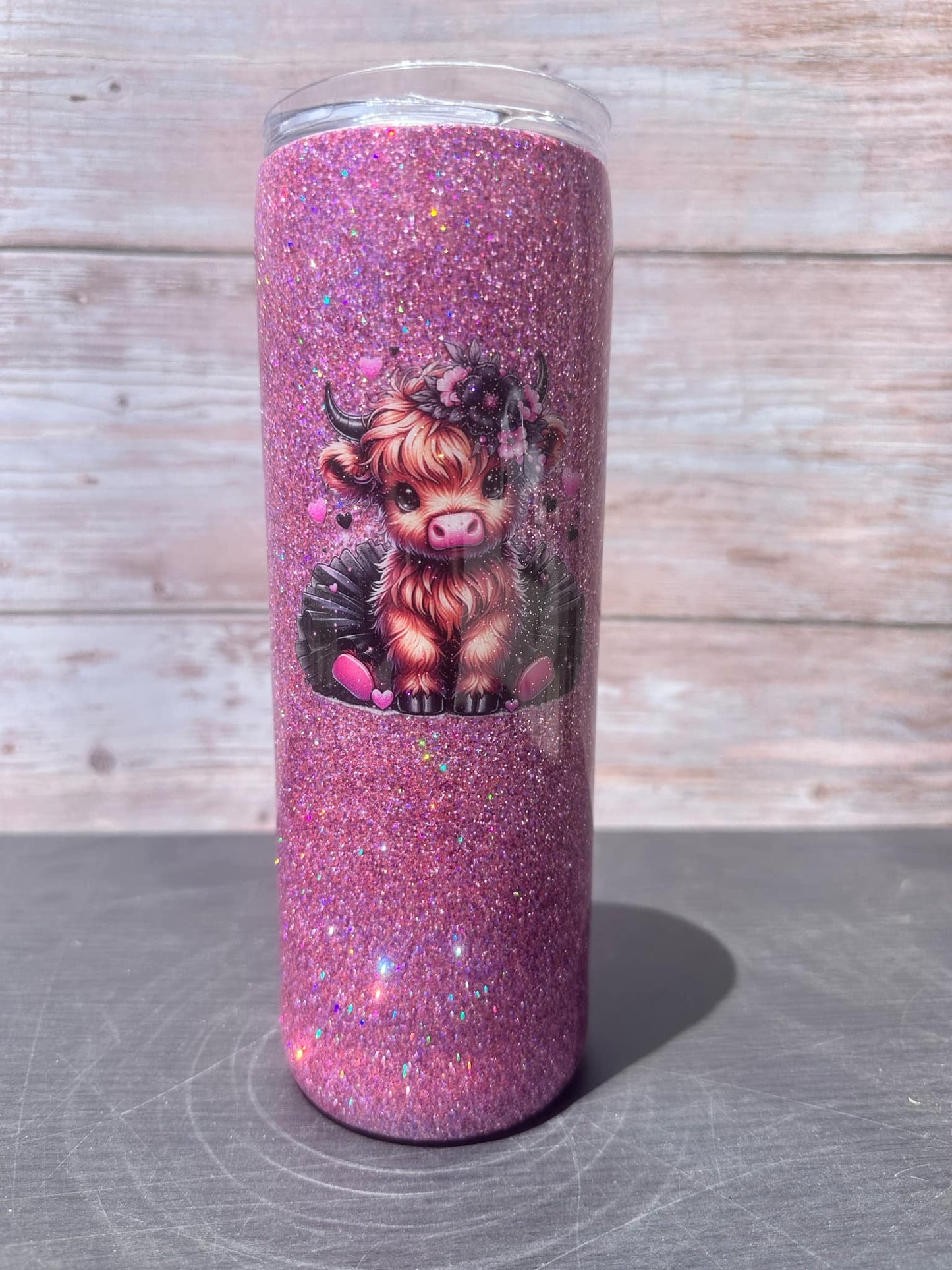 Custom Painted Pink Glitter Cow Stainless Skinny Tumbler w/Sliding Lid and Straw- 20 Oz