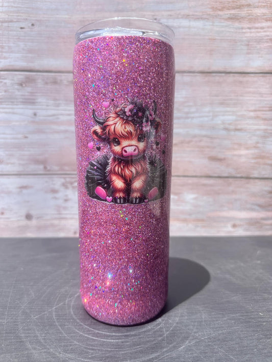 Custom Painted Pink Glitter Cow Stainless Skinny Tumbler w/Sliding Lid and Straw- 20 Oz