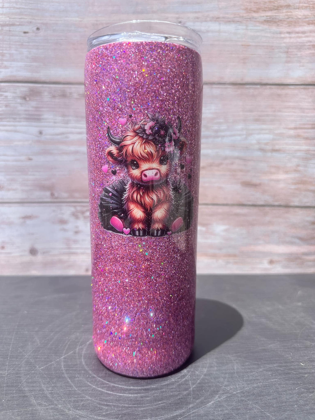 Custom Painted Pink Glitter Cow Stainless Skinny Tumbler w/Sliding Lid and Straw- 20 Oz