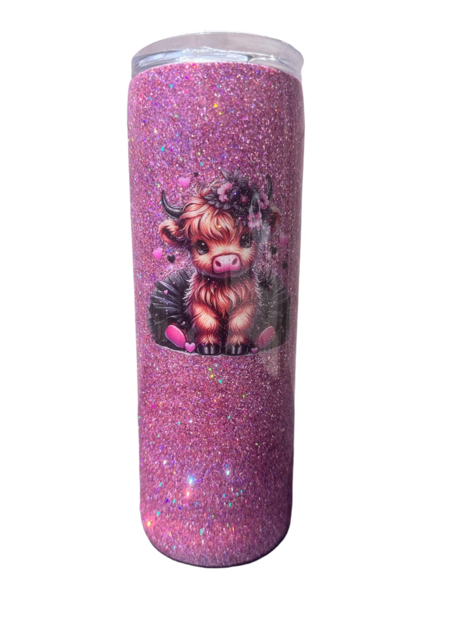 Custom Painted Pink Glitter Cow Stainless Skinny Tumbler w/Sliding Lid and Straw- 20 Oz