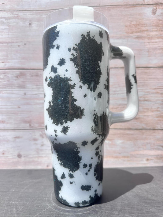 Hand Painted Black Dark Green Cow Stainless Steel Traveler Tumbler - 40 Oz